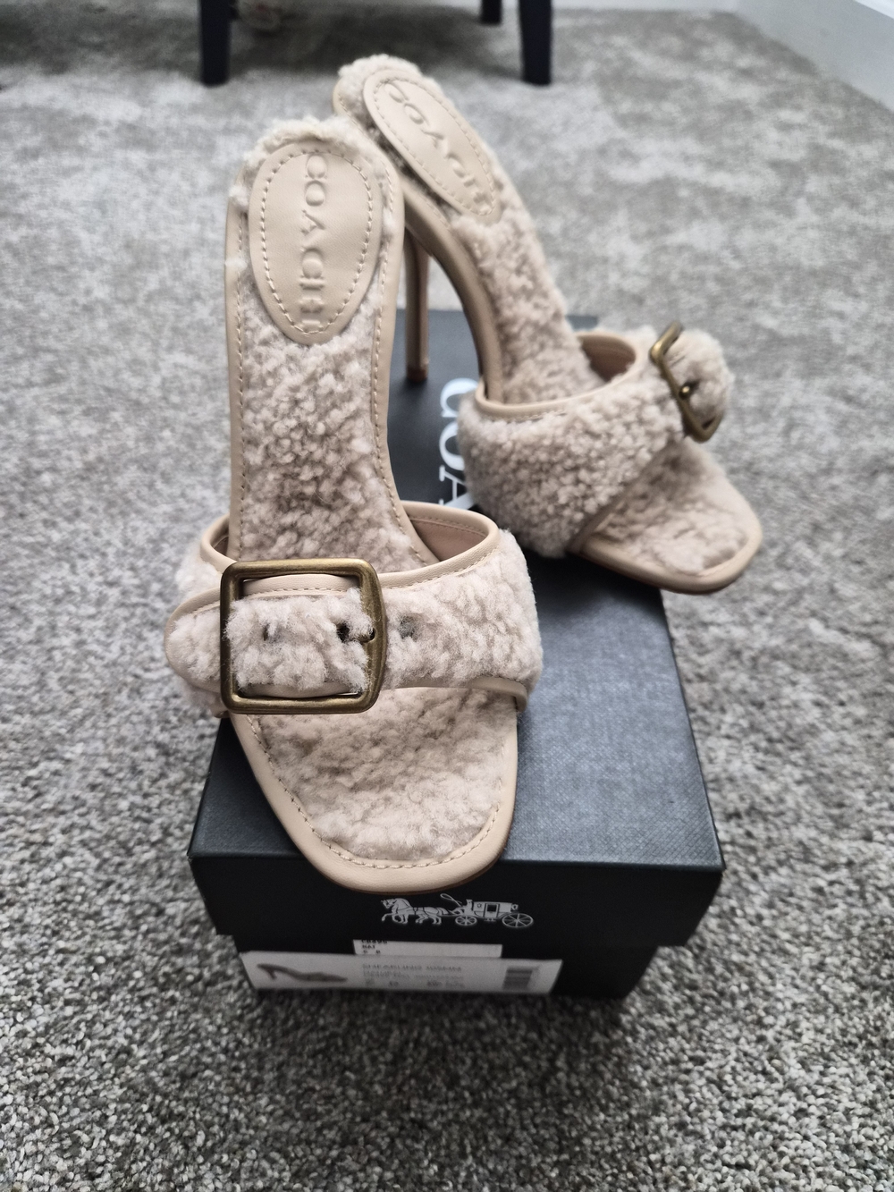 Coach Women's Shearling Buckle High Heel Sandals in Beige
